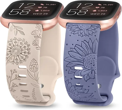 Vista 15 de Paquete de 2 correas con grabado floral compatibles con Fitbit Versa 2/Fitbit Versa/Versa Lite para mujeres, linda correa deportiva de silicona