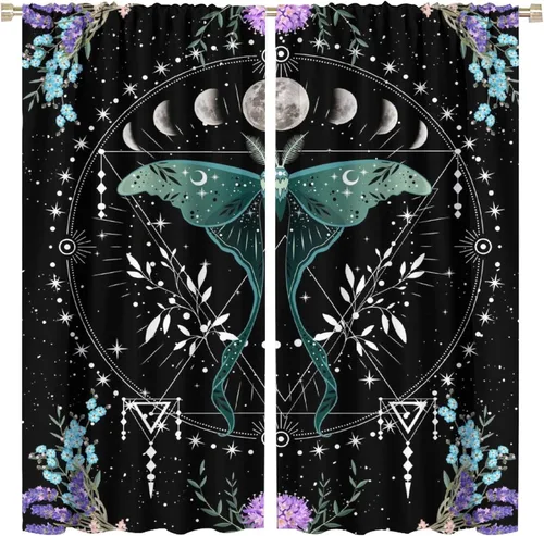 Vista 36 de Cortinas de mariposa de fantasía, polilla, sol, luna, estrella, arte floral, estampado floral, bolsillo para barra, cortinas opacas para ventana