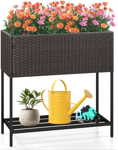 Vista 11 de HAPPYGRILL Cama de jardín elevada de ratán con patas, estante inferior de Maceta elevada con forro extraíble, sistema de drenaje, maceta elevada
