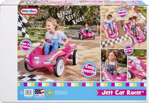 Vista 5 de Little Tikes Jett Car Racer Pink, auto de paseo con respaldo de asiento ajustable, dirección de rueda trasera de doble mango, control de carreras