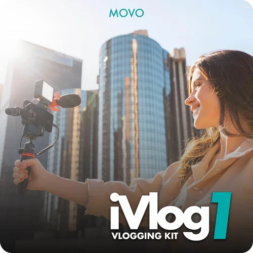Vista 3 de Movo iVlog1 Kit de Vlogging - Kit de inicio de YouTube compatible con iPhone Lightning, micrófono de escopeta, mini trípode, luz LED, lente gran