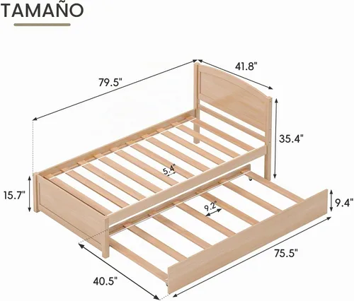 Vista 2 de Cama nido individual, marco de cama extraíble de madera maciza, cama de día extensible con cabecera y soporte de listones de madera sólida Natural
