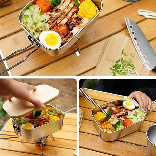 Vista 3 de VALINK Caja de almuerzo, caja Bento de acero inoxidable con asa plegable, recipientes de alimentos con tapa de bambú para acampar al aire libre