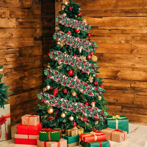 Vista 4 de Guirnalda de oropel de Navidad de 50 pies, guirnalda gruesa de oropel para decoración del árbol de Navidad, guirnalda metálica trenzada de oropel