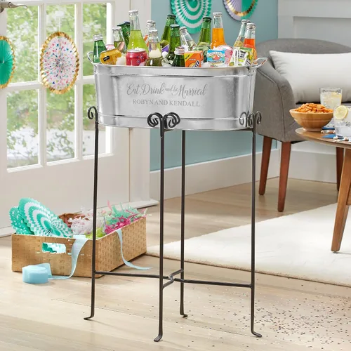 Vista 3 de Let's Make Memories Bañera de bebidas personalizada con soporte, para bodas, recién casados, tina de metal galvanizado, enfriador de bebidas, 5.5