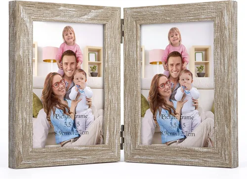 Vista 18 de Giftgarden Marco de fotos doble de 3.5 x 5 pulgadas, color marrón con pantalla de vidrio transparente, fotos de 5 x 3.5 pulgadas, marco plegable