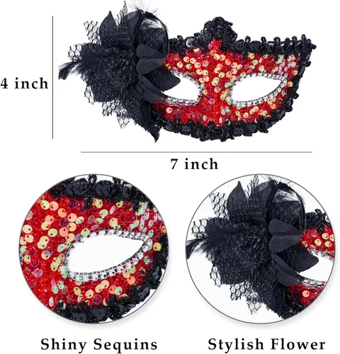 Vista 4 de Juego de máscaras para parejas, máscara de mujer con lentejuelas y flores, máscara veneciana para hombre para Mardi Gras, Halloween