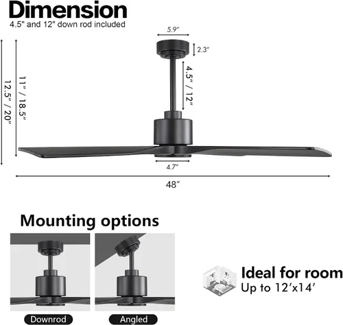 Vista 4 de WINGBO - Ventilador de techo DC de 48" sin luces, 4 aspas de madera maciza talladas, motor DC reversible silencioso de 6 velocidades, ventilador