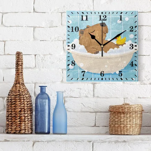 Vista 3 de Bathing Capybara Pattern Wall Clock Decorative Hanging Clock Silent Non Ticking Square Clock for Living Room Kitchen Bedroom
