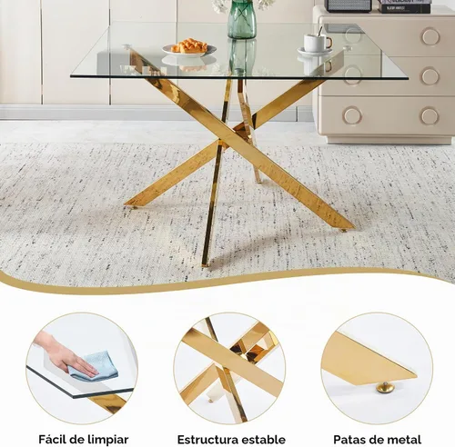 Vista 7 de 36-Inch Square Glass Dining Table Set with 4 Faux Leather High-Back Chairs - Modern Metal Cross-Leg Table with Comfortable C-Leg Seats for Modern