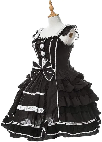 Vista 3 de Nuoqi Lolita vestido gótico para mujer y niña, con listones, vestido de princesa, vestido de princesa con escarolas de encaje, vestido para disfraz