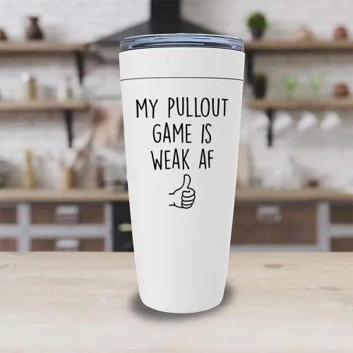 Vista 3 de Vaso vikingo de 20 onzas con texto en inglés "My Pullout Game Is Weak AF", divertido vaso vikingo para papá, cumpleaños, abuelo