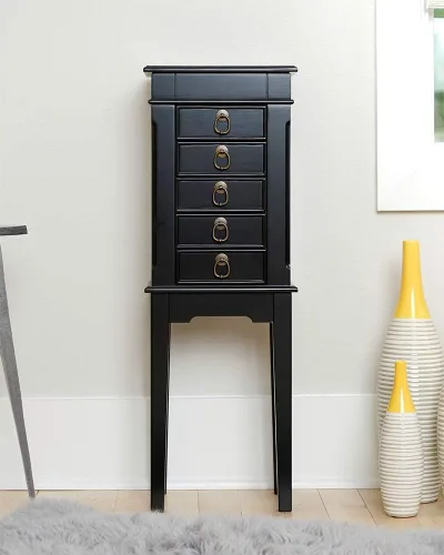 Vista 4 de Hives and Honey Kennedy Jewelry Armoire - Moderno organizador de almacenamiento de madera con ganchos para collares, 5 cajones y espejo de tocador