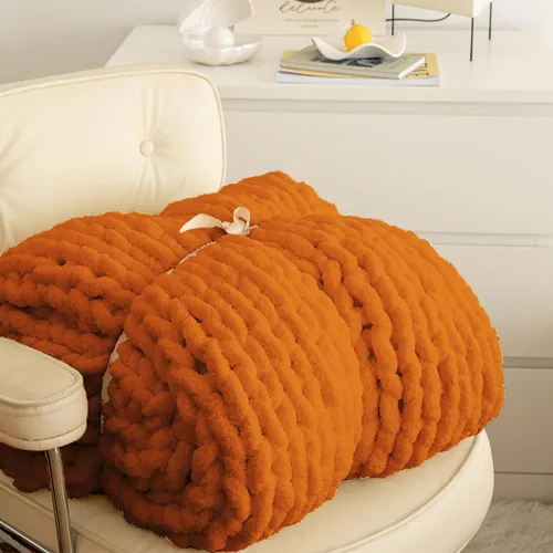 Vista 6 de ATMOSURELY Manta de punto grueso ultrasuave de color naranja quemado, acogedora y esponjosa, hecha a mano, con hilo de felpilla, para cama, sofá