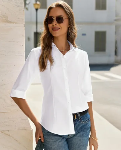 Vista 6 de siliteelon Button Down Shirts for Women: Slim Fit Stain Shield 3/4 Sleeve Dress Shirt Formal Work Button Up Blouses