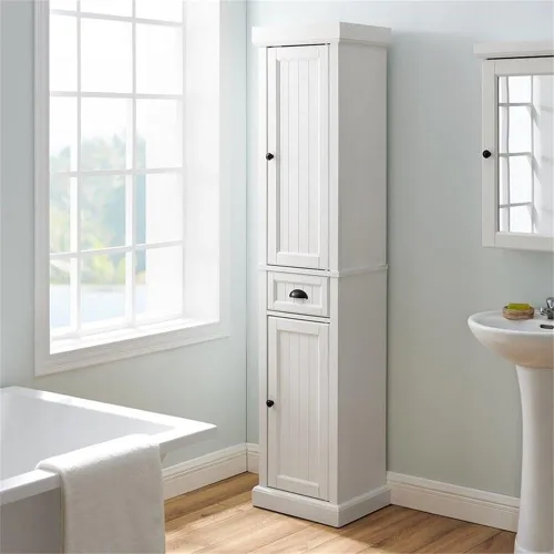 Vista 2 de Crosley Furniture Seaside - Armario de almacenamiento alto de lino y organizador de baño con cajón y estantes, color blanco envejecido