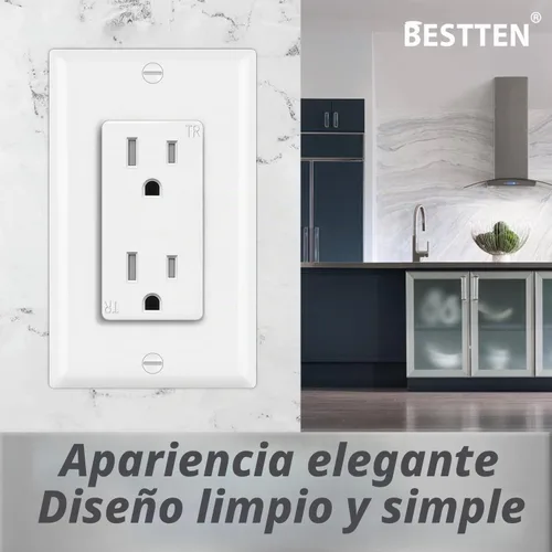 Vista 5 de BESTTEN Toma de corriente decorativa resistente a manipulaciones de 15 amperios, uso residencial y comercial, placa de pared incluida