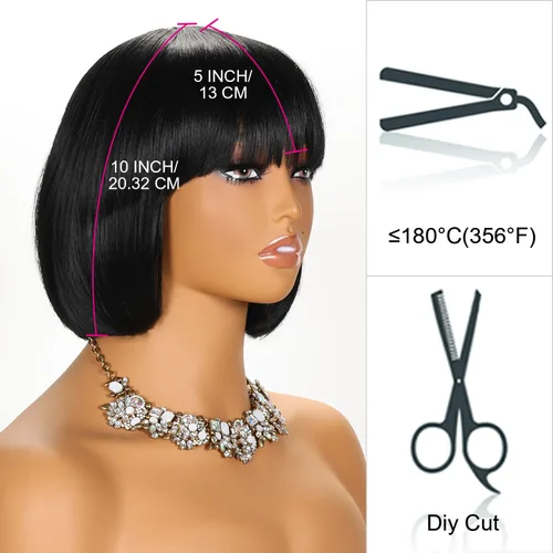 Vista 5 de YYHR Peluca corta estilo Bob con flequillo de 10 pulgadas, pelucas de cabello sintético lacio Yaki claro, pelucas cortas de corte Bob negro con 1b