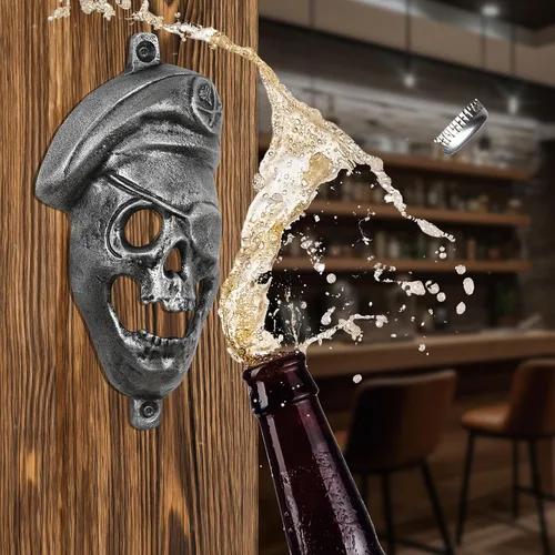 Vista 5 de Abrebotellas de pared con diseño de calavera pirata, herramienta de tapa de cerveza de hierro fundido de metal, decoración de pared rústica