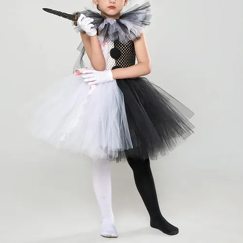 Vista 4 de Tempura Conjunto de disfraz de payaso de Halloween para niñas y niñas, vestido de tul, cuchillo, calcetines, guantes, horquilla, juegos para fiestas