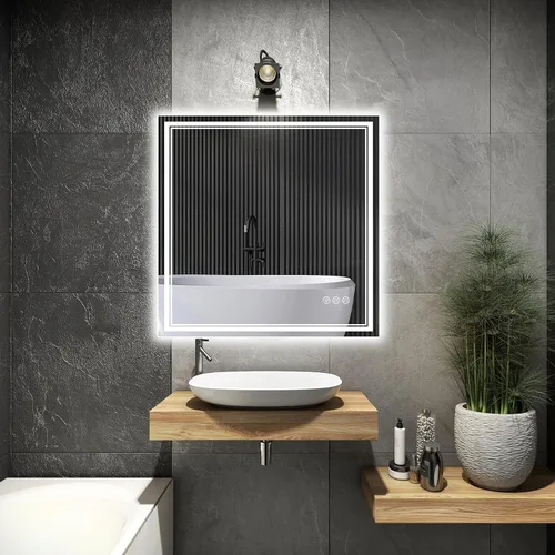 Vista 2 de Ratsamee Espejo de baño LED de 30x30 pulgadas con iluminación frontal y trasera (control independiente), espejo iluminado para pared de baño con 3