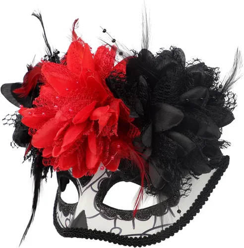 Vista 3 de GREUS Máscara de calavera de azúcar para mujer, máscara del Día de los Muertos mexicano, máscaras de flores para disfraz de Halloween, fiesta