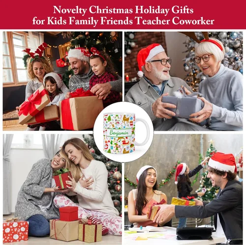 Vista 7 de Taza de cerámica de Navidad personalizada para niños, niñas, adultos con nombre personalizado, tazas de café de chocolate caliente, taza de té de 11