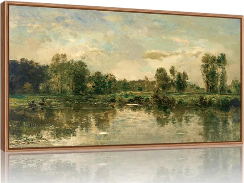 Vista 28 de Tinonedraw Arte de Pared en Lienzo Enmarcado de Paisaje de Montaña Beige, Decoración de Pared Moderna Abstracta de Mediados de Siglo, Arte de Lago