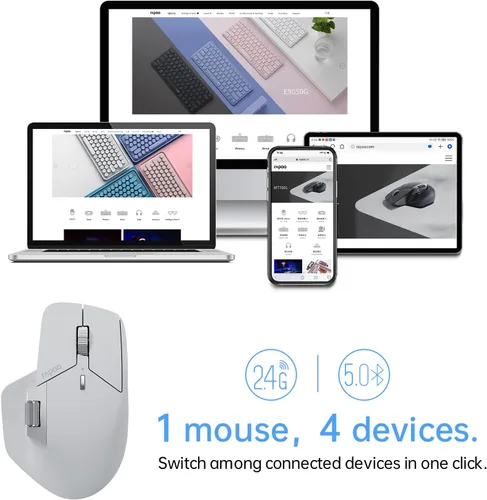 Vista 3 de Rapoo MT760Mini Ratón Inalámbrico Bluetooth - Bluetooth 5.0 y 2.4GHz Conexión Multi-Modo, Compatible con 4 Dispositivos, Tecnología M+ Cross Gris