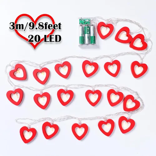 Vista 2 de Mudder Guirnalda de luces de hadas para el día de San Valentín, 10 pies, 20 luces LED de madera con forma de corazón rojo y rosa para decoración