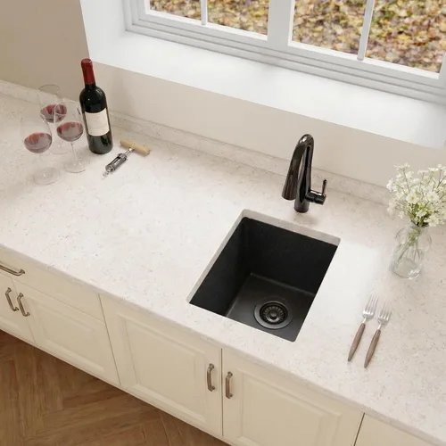 Vista 7 de Fregadero de barra negro, fregadero de cocina de montaje inferior de 13 x 15 x 10 pulgadas, fregadero de cocina pequeño y profundo de granito