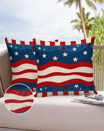 Vista 6 de Funda de almohada impermeable para el Día de la Independencia para exteriores, diseño de estrella en ondas rojas y azules, fundas de cojín