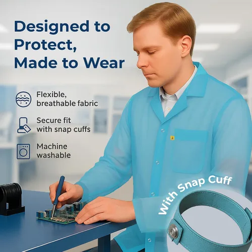 Vista 5 de ESD Jacket with Snap Cuff - Level 3 Certified Anti-Static Smock - Lightweight Protective Workwear for Electronics & Labs
