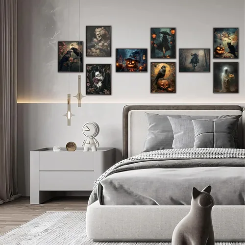 Vista 4 de ARKZSHO Juego de 9 impresiones en lienzo para pared de Halloween, pintura oscura de academia, pintura estética gótica espeluznante para galería