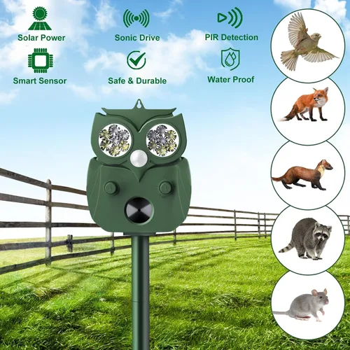 Vista 6 de Repelente de animales para exteriores, alimentado por energía solar, ultrasónico, ciervo, ardilla, conejo, roedor, disuasorio de perros, repelente