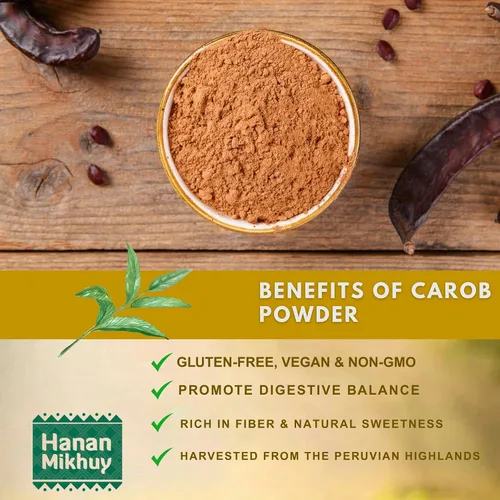 Vista 2 de HANAN MIKHUY Algarrobo en polvo 100% natural - Sin gluten, vegano, sin OMG, superalimento de alto contenido de fibra de Perú sin cafeína y sin
