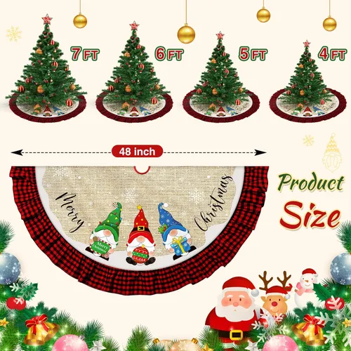 Vista 2 de Falda de árbol de Navidad, arpillera de lino, decoración de borde a cuadros, faldas de árbol a cuadros negros y rojos para interiores y exteriores