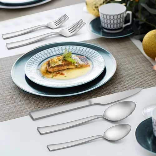 Vista 7 de LIANYU Juego de cubiertos mate de 72 piezas con cuchillos para carne, juego de cubiertos de acero inoxidable para 12, utensilios cuadrados