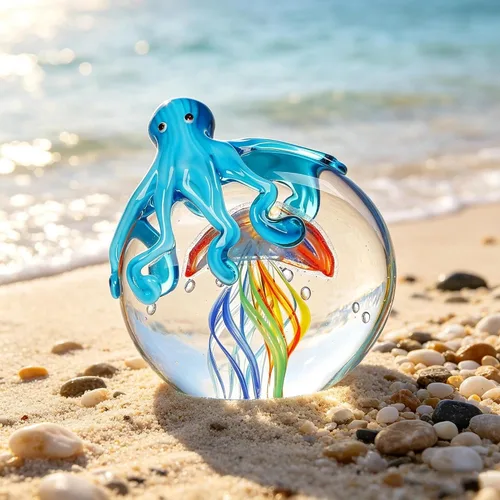 Vista 6 de QFkris Figuras coloridas de cristal de pulpo y medusas, coleccionables, hechas a mano, adorno de pisapapeles de vidrio de animales marinos