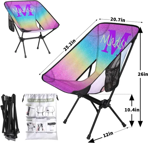 Vista 2 de Silla de camping personalizada portátil con nombre, silla plegable ligera para playa, senderismo, rosa, azul y dorado