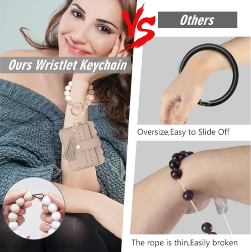 Vista 5 de KNGITRYI Cartera llavero pulsera para mujer, delgado RFID tarjeta de crédito, monedero, borla llavero brazalete para hombres y mujeres, Camello