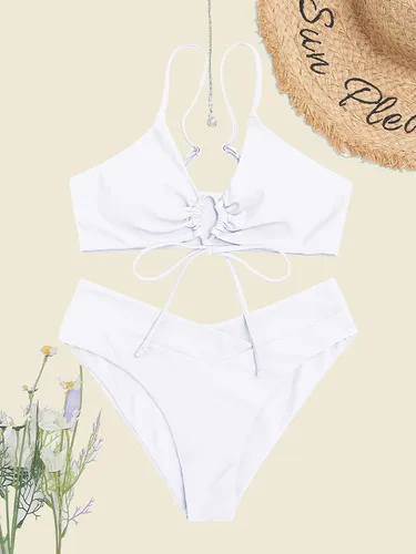 Vista 3 de SherryDC Conjunto de bikini para mujer, con corte sexy en V, de 2 piezas, con tirantes, de corte alto, traje de baño