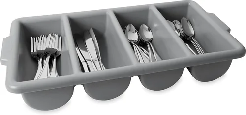 Vista 4 de Soro Essentials - Caja de cubiertos comercial de 4 compartimentos de polipropileno de color gris -Organizador de utensilios de cubiertos de cocina