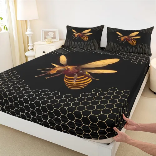 Vista 5 de Erosebridal Honey Bee - Juego de sábanas bajeras negras y doradas, tamaño individual, diseño geométrico de panal de abeja para niños y niñas, funda