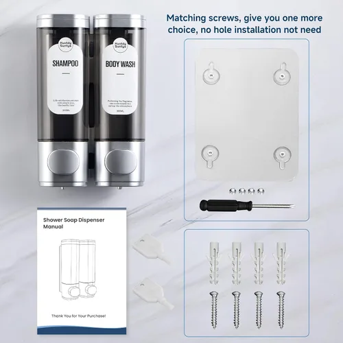 Vista 7 de Dispensador de champú y acondicionador, dispensadores de jabón de ducha recargables, 2 cámaras, sin taladro, dispensador de champú para ducha