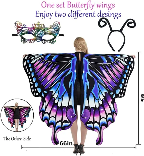 Vista 2 de Sevendec Alas de mariposa para mujer, disfraces de Halloween, alas de hada, tela suave para adultos, con máscara facial para fiesta, accesorio