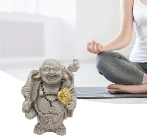 Vista 6 de Cyrank Estatua de Buda riendo, 3.1 pulgadas de resina de Buda feliz estatua de risa Feng Shui Buda escultura decoración para escritorio en casa