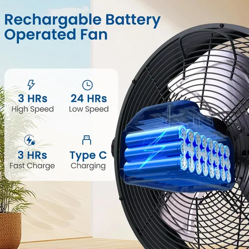Vista 9 de Ventilador de piso recargable de 15 pulgadas para garaje en el hogar al aire libre; motor de cobre DC sin escobillas de alto rendimiento