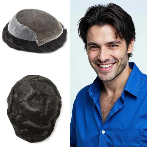 Vista 107 de Toupee para hombres pieza de pelo suave suizo encaje real sistema de cabello humano reemplazo blanqueado nudo mens tupé sistema de pelo para hombres