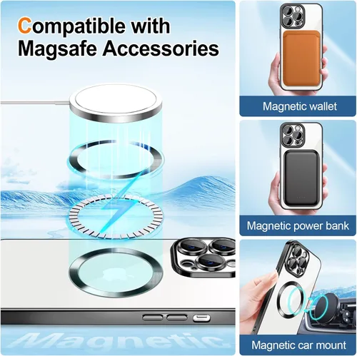 Vista 5 de Hython Funda para iPhone 13 Pro transparente con purpurina magnética [compatible con MagSafe] Protector completo de lente de cámara delgado
